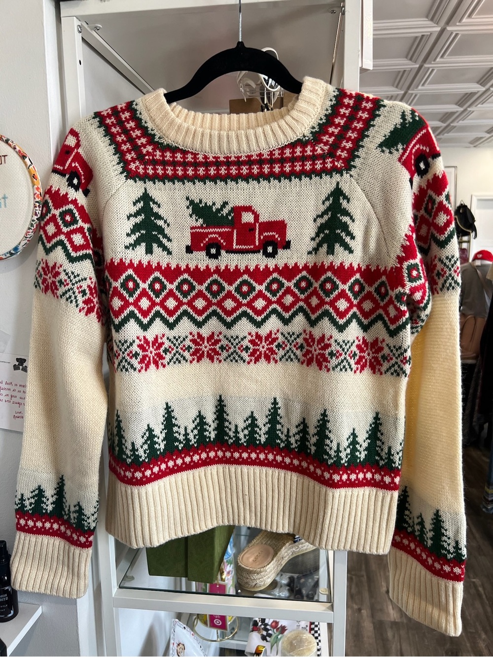 Kiel James Patrick Cream Fair Isle Sweater with Red Truck and Green Trees
